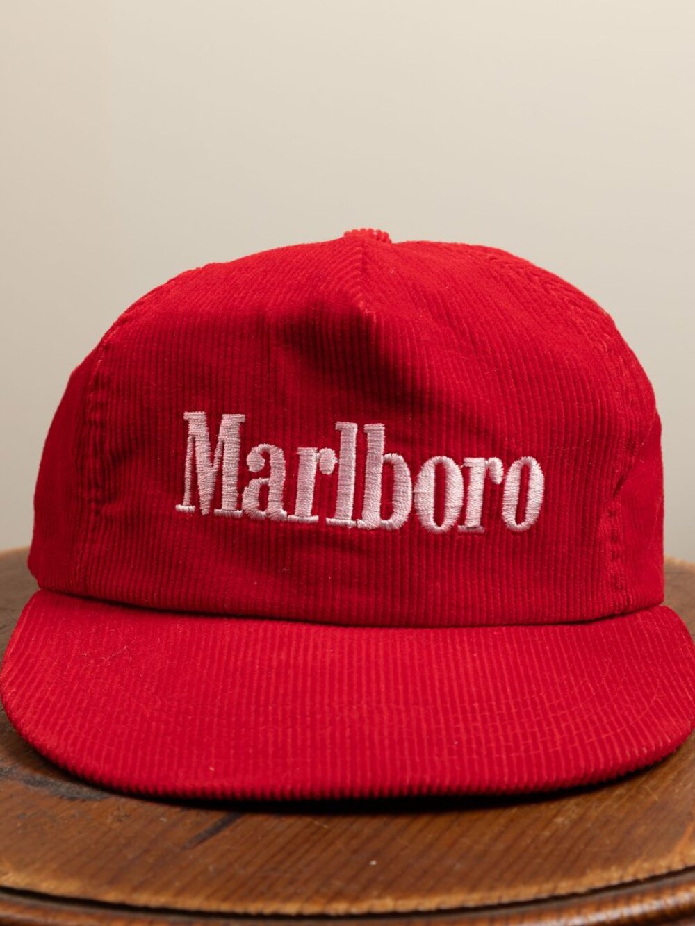 VTG 80s 90s Marlboro Corduroy Snapback Hat Red Made in USA Cigarette Promo Cap